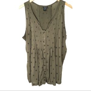 torrid Tank | Olive Green Sleeveless | Owl Print | Pleated | Lightweight | 0